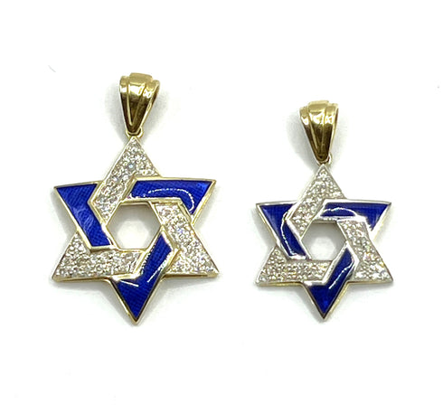 14K Gold & Diamond With Blue Enamel Star of David Necklace
